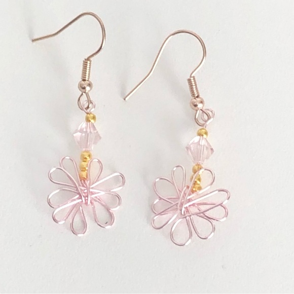 New Wrapped Wire Daisy Flower Dangling Earrings Glass Crystal Rose Gold Coloured - Picture 4 of 8